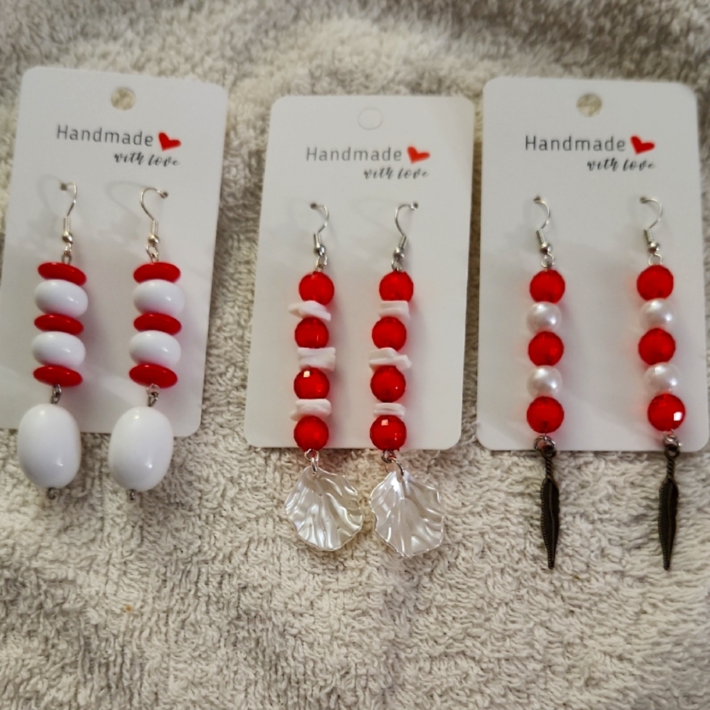 Handmade Red and White Beaded Earrings Set Canadian Style!